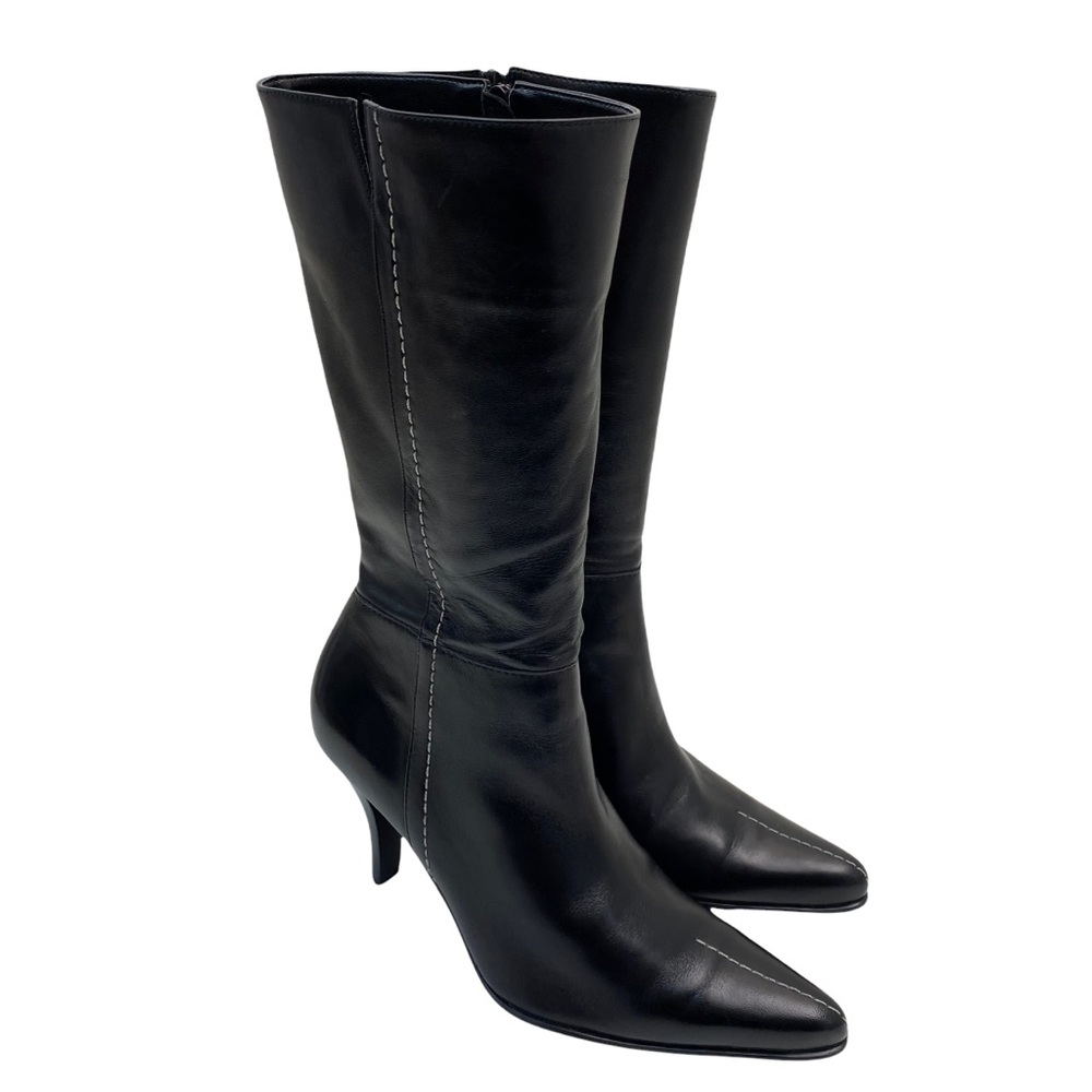 FRANCO SARTO Black Leather Boots Size 8 Heeled Mid Calf